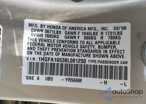 2008 Honda Civic Lx from USA, damaged, VIN 1HGFA16538L081250